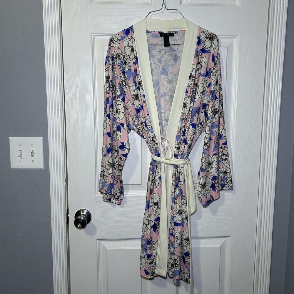 Nanette Lepore Robe Women's Medium Pink Floral Kimono 3/4 Sleeve Belted Lounge